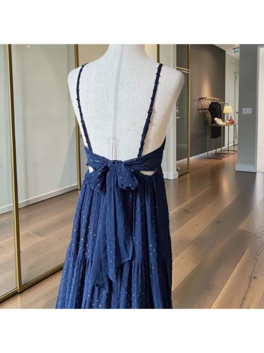Le Superbe Starry Night Navy Blue Metallic Swiss Dot Tiered Maxi Dress Size 8 - Picture 4 of 10